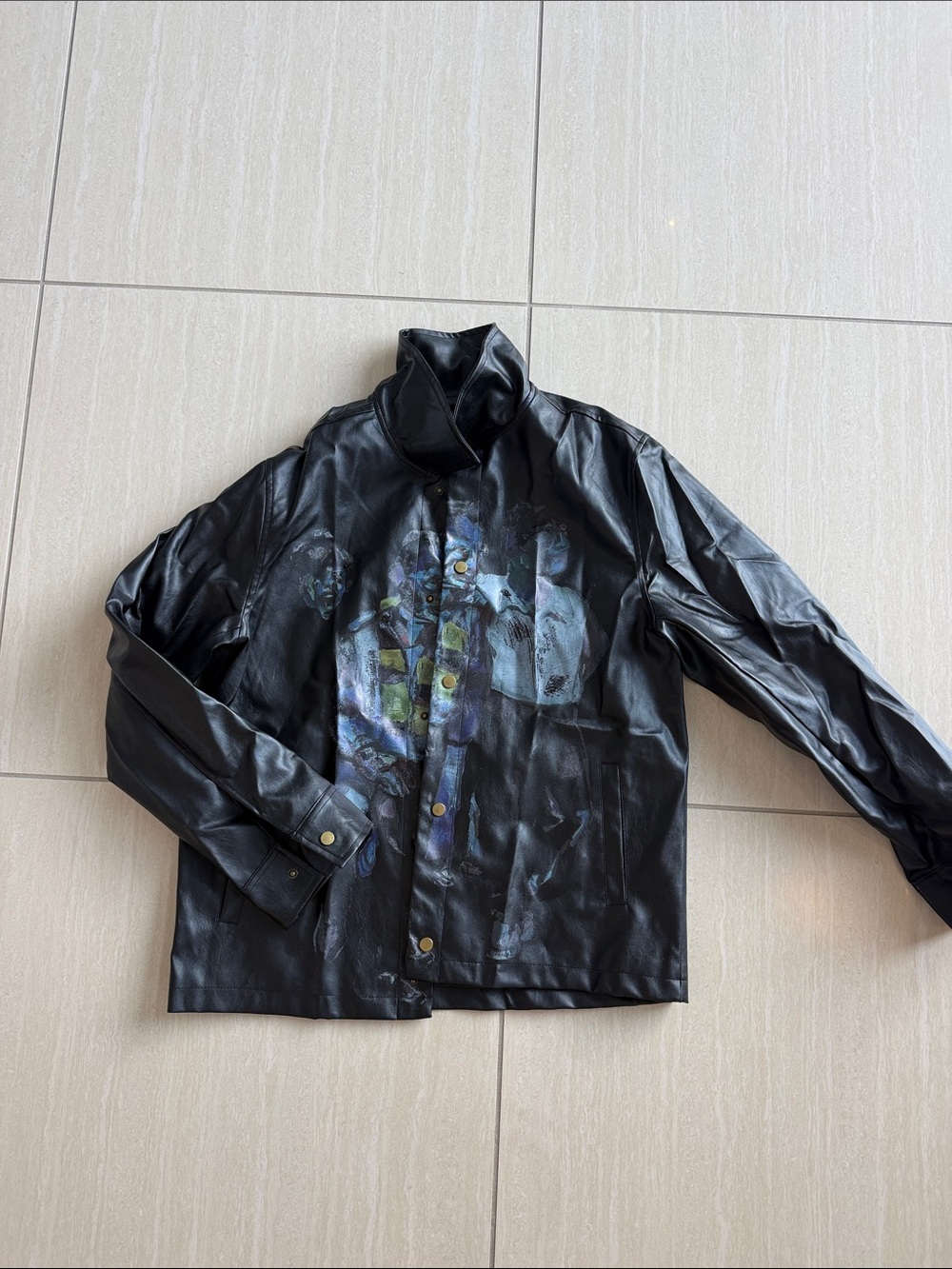 KidSuper Men's Black Faux Leather Bomber Jacket with Graphic Detail